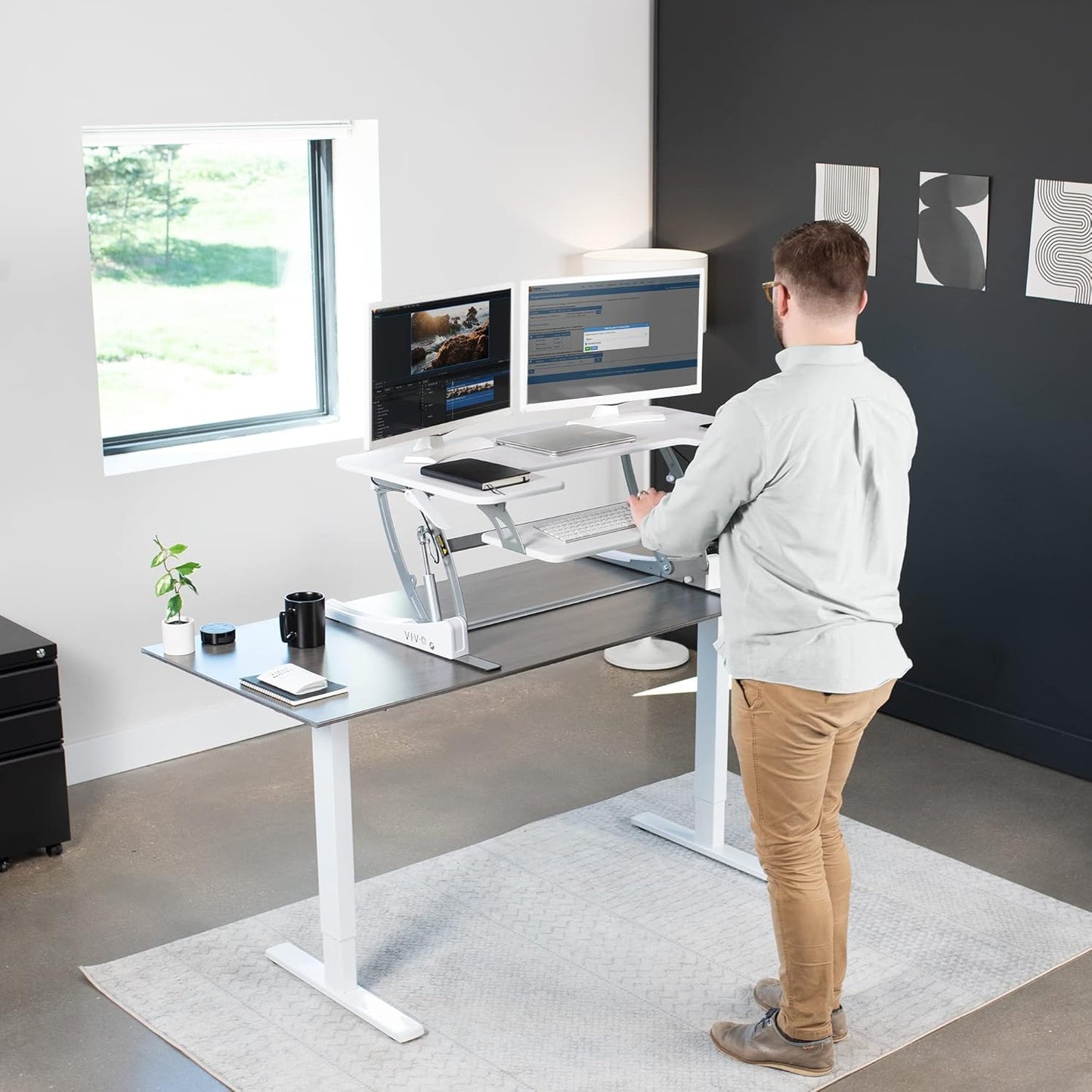 VIVO 42 inch Height Adjustable Stand Up Desk Converter, V Series, Quick Sit to Stand Tabletop Dual Monitor Riser Workstation, White, DESK-V000VLW