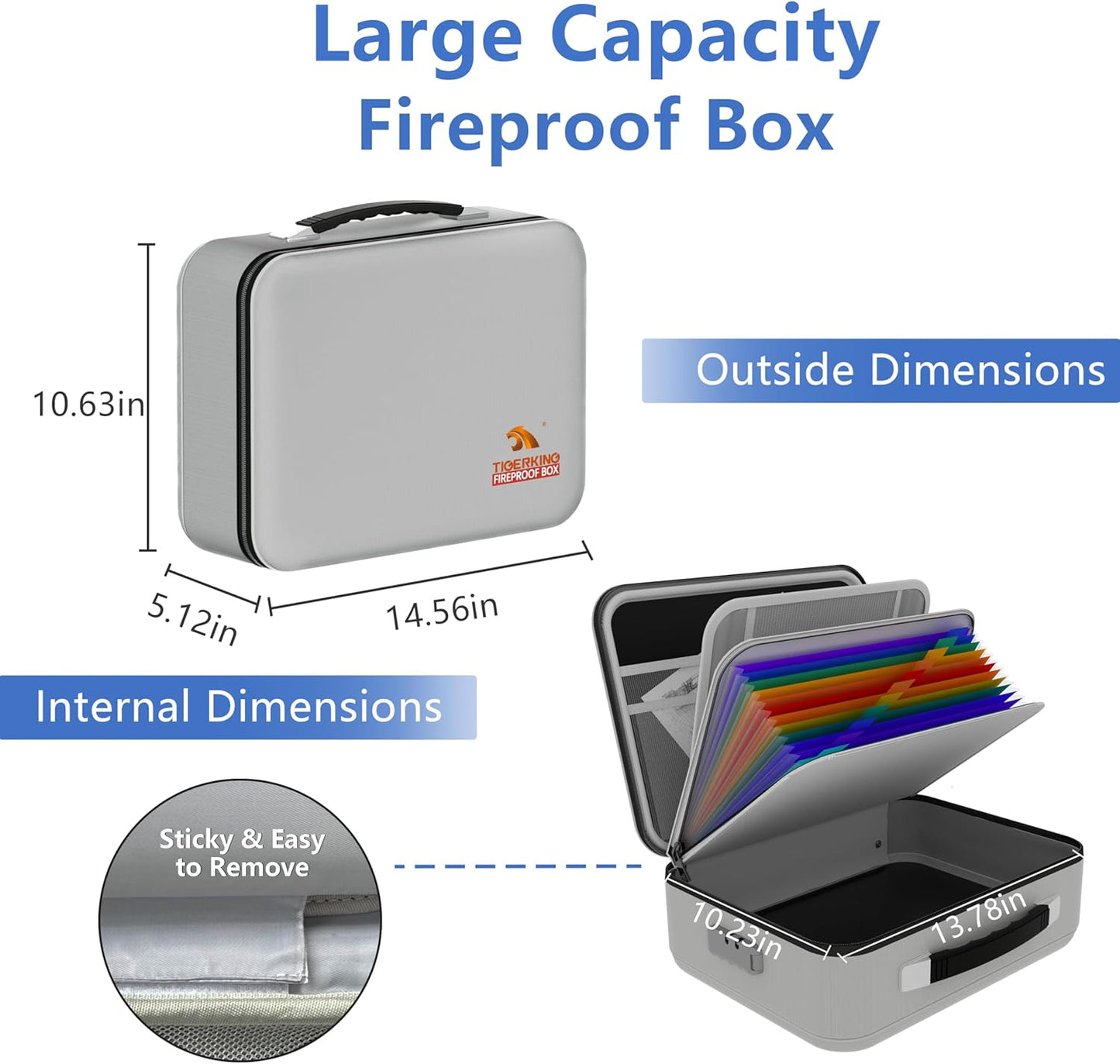 TIGERKING Fireproof Document Box Hard Shell, Fire Proof File Box for Documents with Combination Lock, File Safe Boxs Fireproof Waterproof with Handle, Durable Organizer for Home Office Storage - Grey