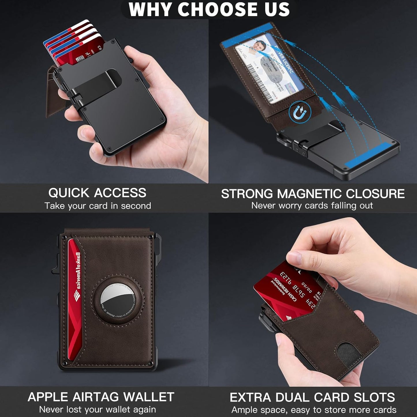 Airtag Wallet for Men, Mens Smart Wallet for Air Tag RFID Blocking, Minimalist Bifold Pop Up Aluminum Credit Card Case Holder 12+ Cards with ID Window, Gift for Men, No Airtag Included, Coffee Brown