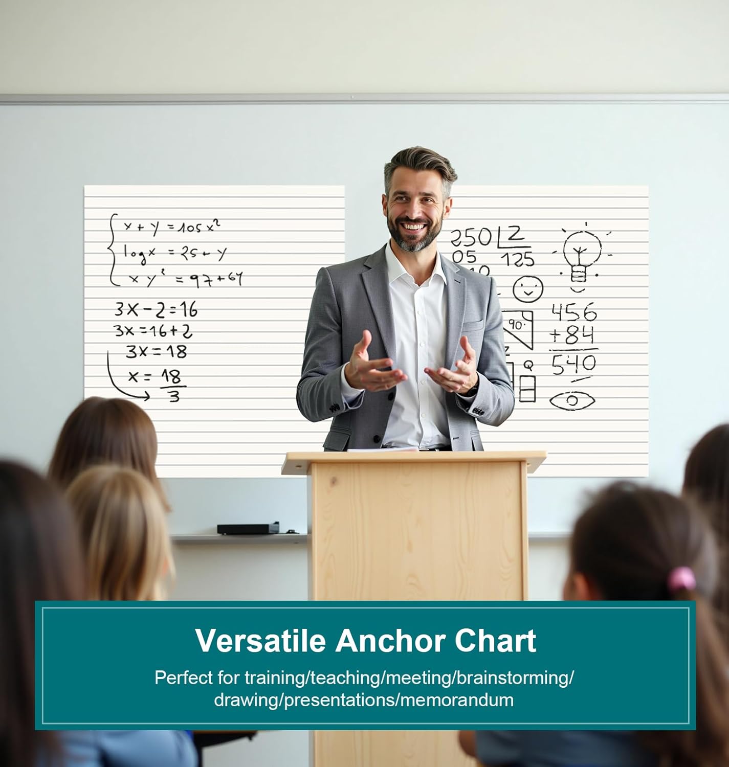 ViVin Lined Sticky Easel Pad, 25 x 30 Inches Flip Chart Paper for Teachers and Students, Large Self Stick Easel Paper, Teacher Anchor Chart, 30 Sheets/Pad, 2 Pads/Pack