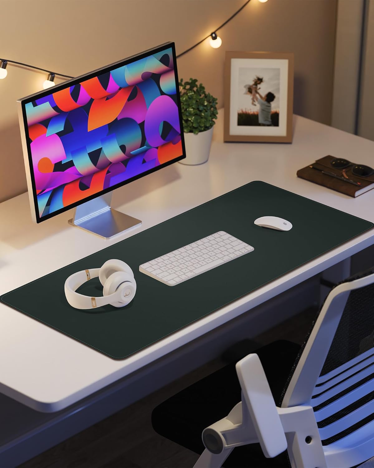 Leather Desk Pad Protector, Large Mouse Pad and Non-Slip Mat, Waterproof PU Leather Blotter Mat for Office and Home (Dark Green, 36" x 17")