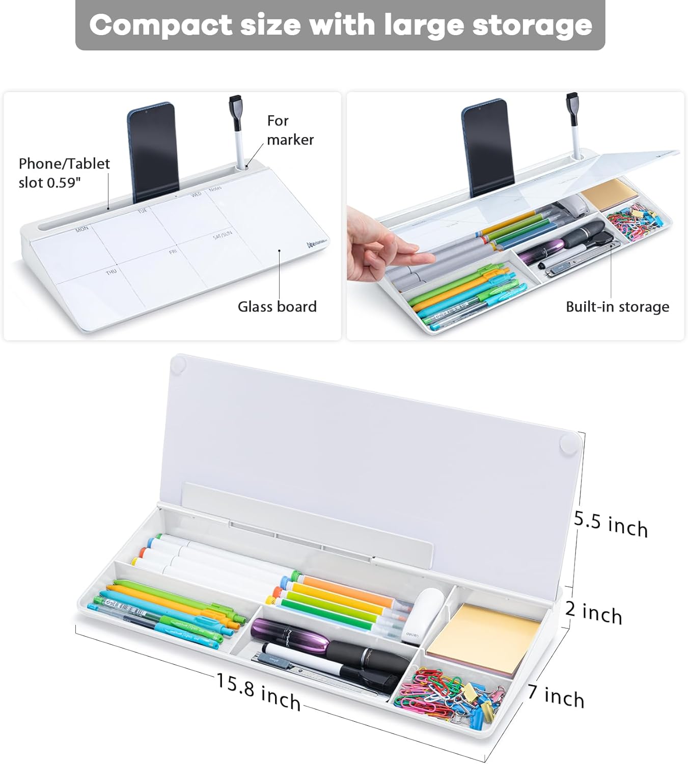 Varhomax Glass Weekly Dry Erase Desk White Board, Desktop to Do List Planner Whiteboard Calendar with Storage Caddy Memo for Home and Office, White