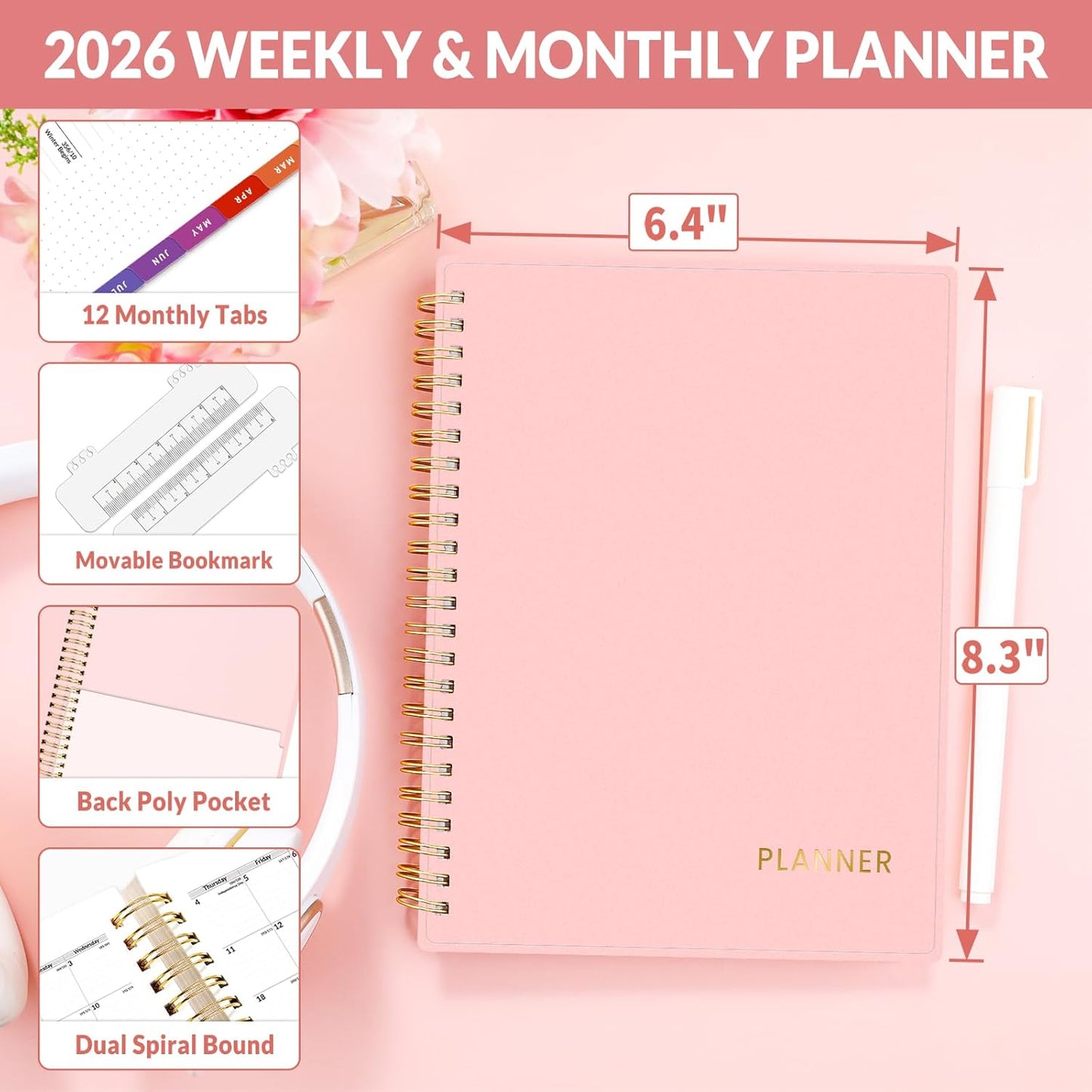 SUNEE 2026 Weekly and Monthly Planner - from January 2026 - December 2026, 6.4" x 8.3" Daily Agenda Planner with Monthly Tab, Flexible Cover, Note Pages, Pockets, Bookmark, Spiral Binding, Pink