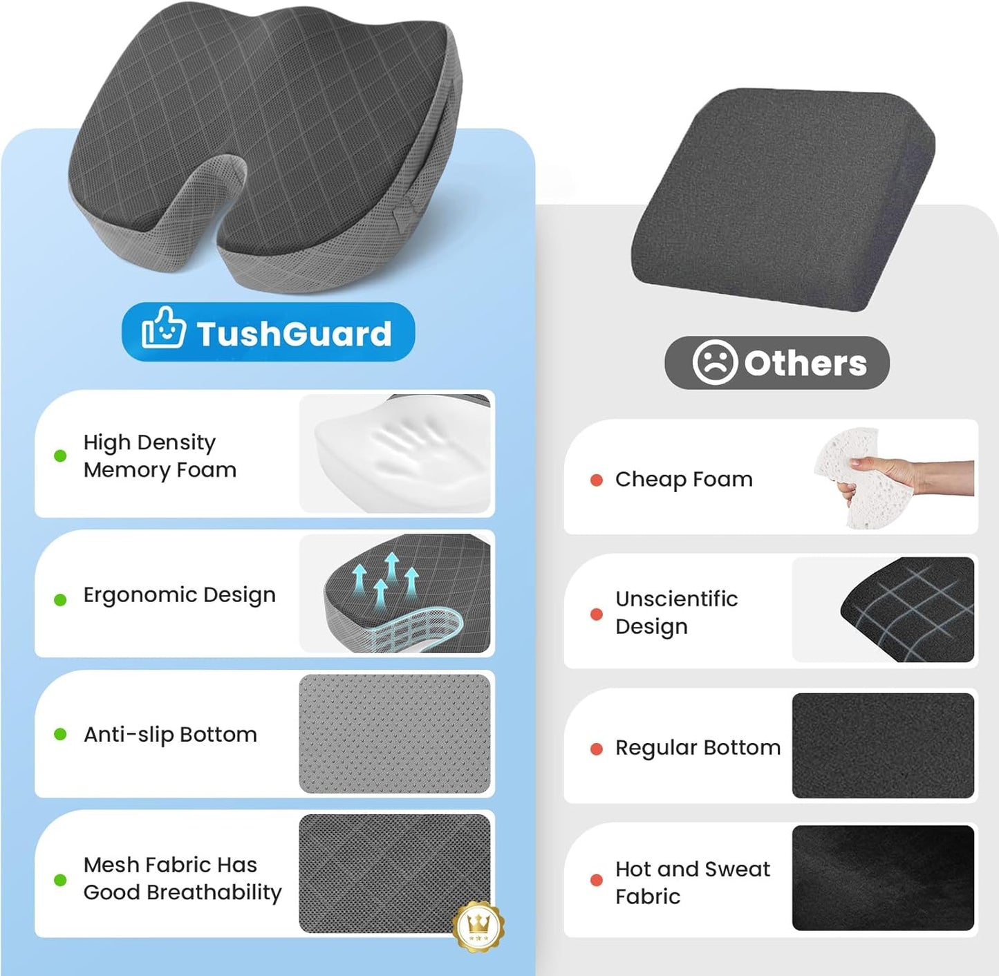 TushGuard Office/Car Seat Cushion, Non-Slip Sciatica & Back Coccyx Tailbone Pain Relief Chair Pad, Memory Foam Butt Pillow for Computer Desk, Wheelchair, Driving (Black&Grey, X-Large)