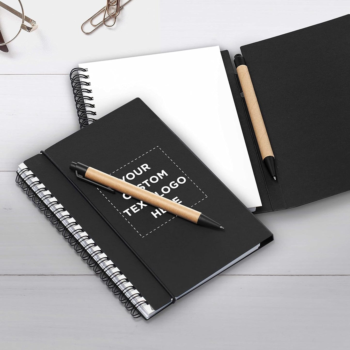 DISCOUNT PROMOS Custom Spiral Notebooks with Elastic Closure Set of 100, Personalized Bulk Pack - Perfect for School, Office, Business and More - Black