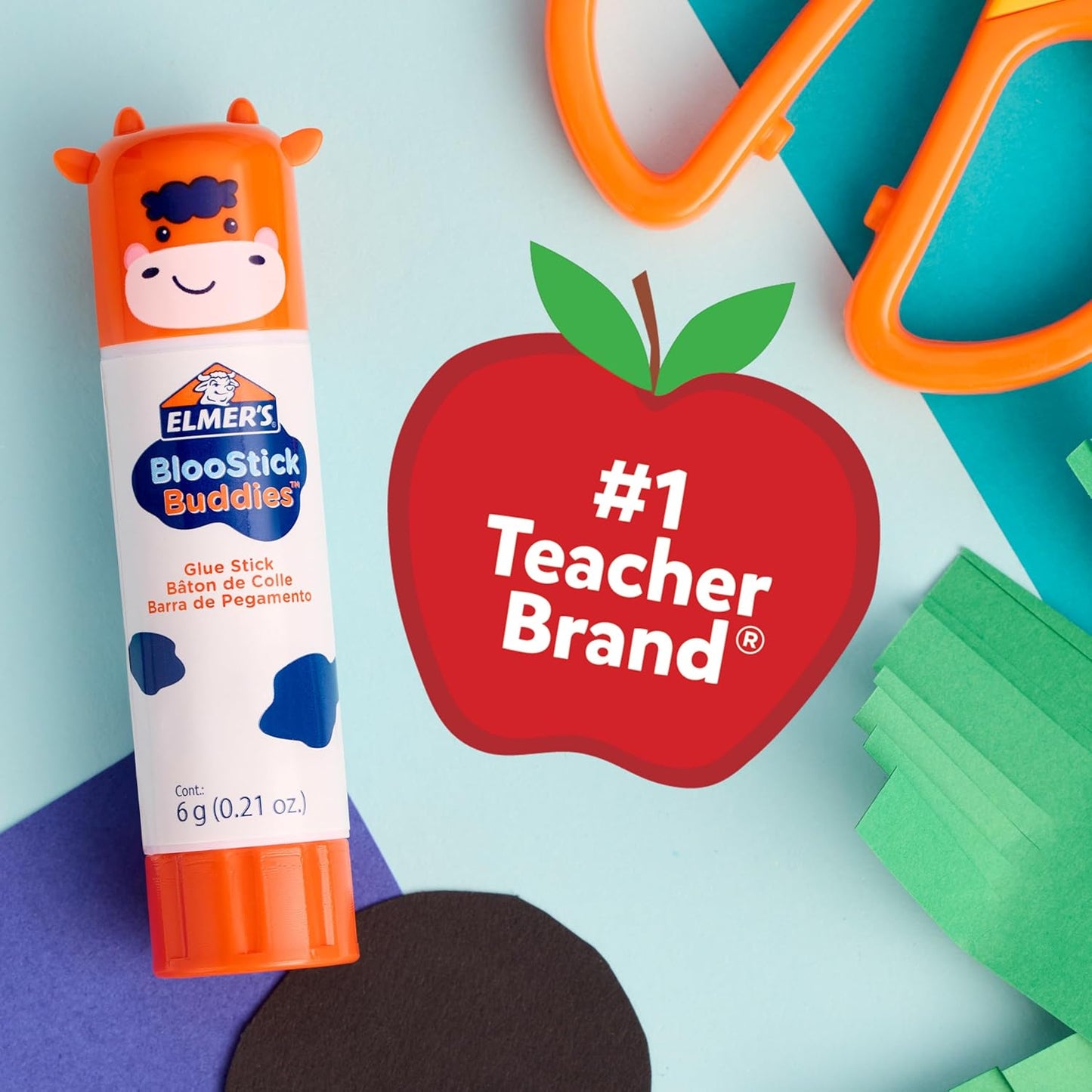 Elmer's BlooStick Buddies Glue Sticks, Disappearing Blue Glue Stick, Anti-Roll Cap, 6g, 48 Count, #1 Teacher Brand