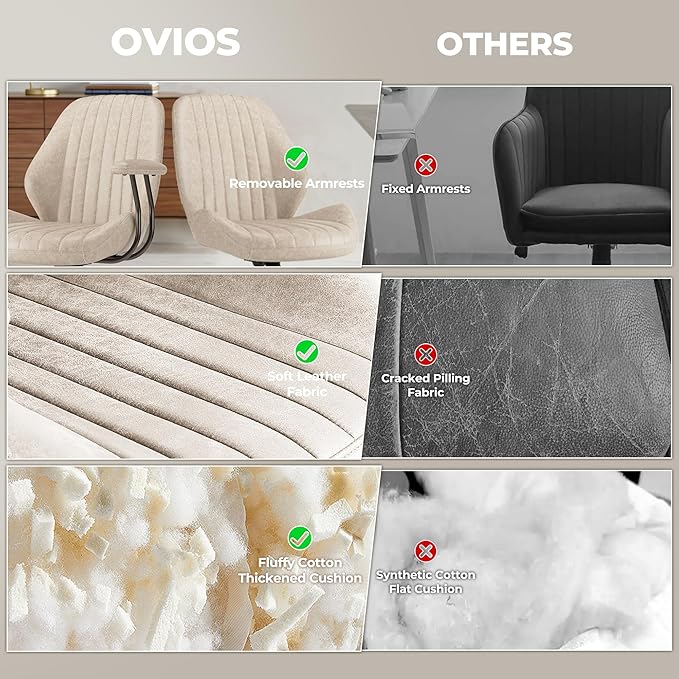 ovios Ergonomic Home Office Chair, Mid-Century Modern Faux Leather Chairs with Padded Armrests, Comfy Mid Back Swivel Rolling Executive Computer Armchair (Beige, Suede Leather)