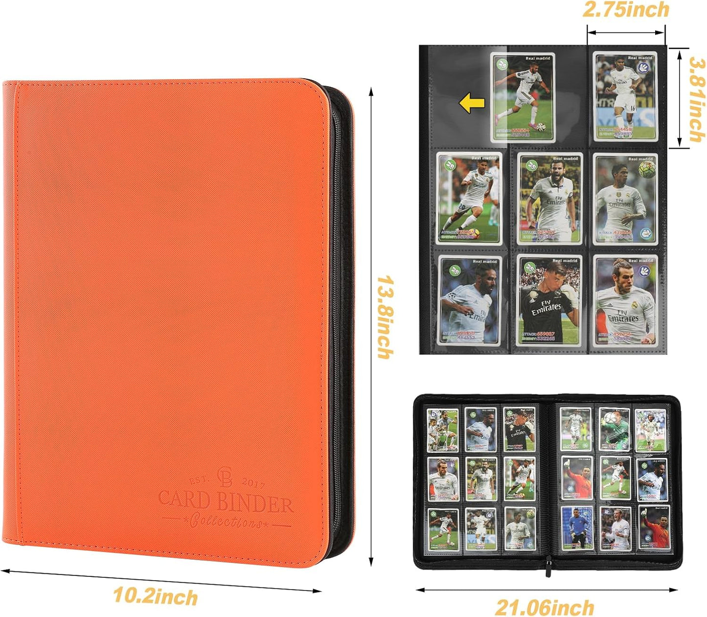 9 Pockets Card Binder,Premium Zip Trading Card Binder,540 Double Sided Pocket PU Collection Binder, Collector Album, Card Folder for MTG, TCG, Business Cards.(Hermes Orange)