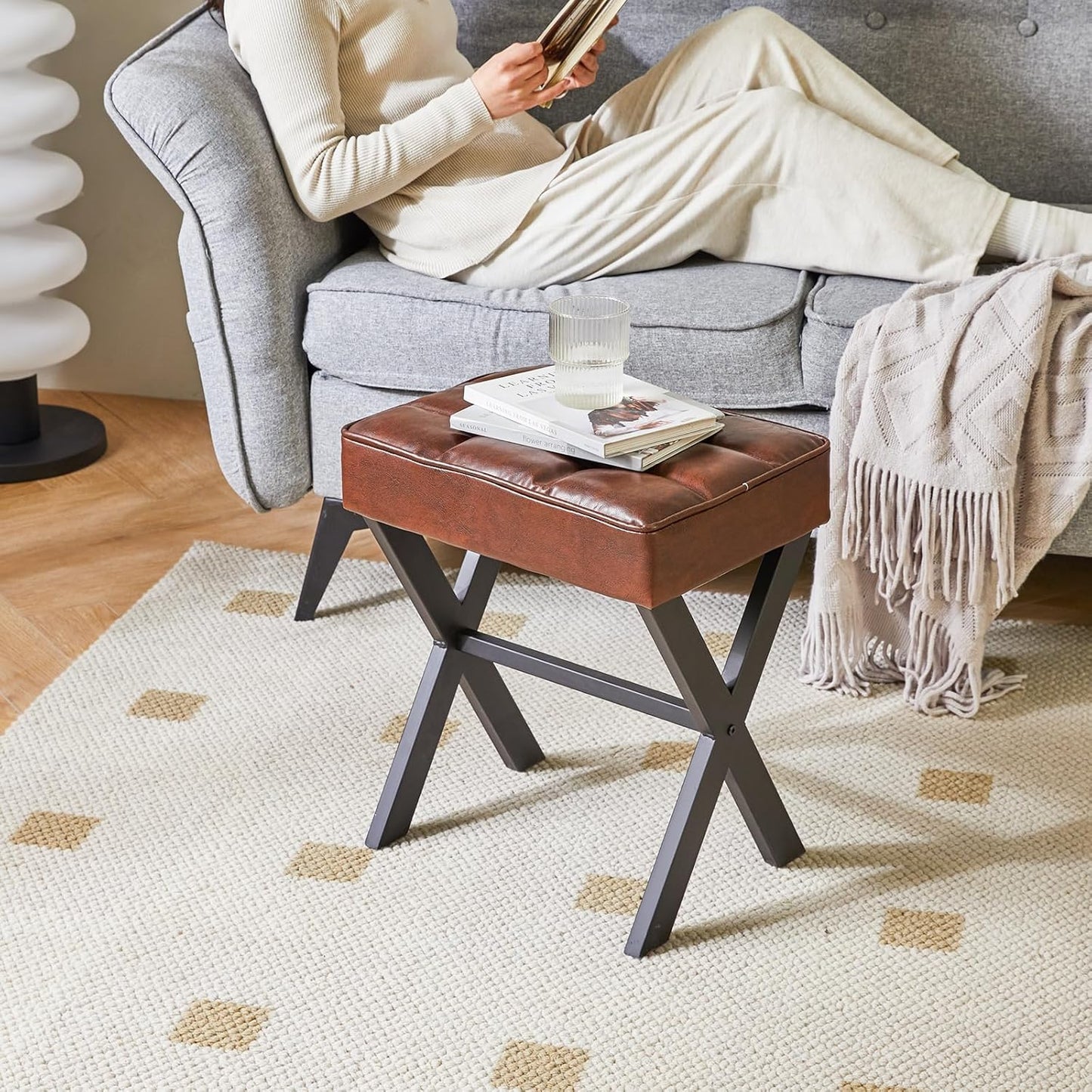 IBUYKE Square Makeup Stool with X-Leg Foot Rest, PU Footrest, Ottoman Seat Vanity Stool, Multi-Use as Small Side Table, for Bedroom, Living Room, Dark Brown LG-71Z