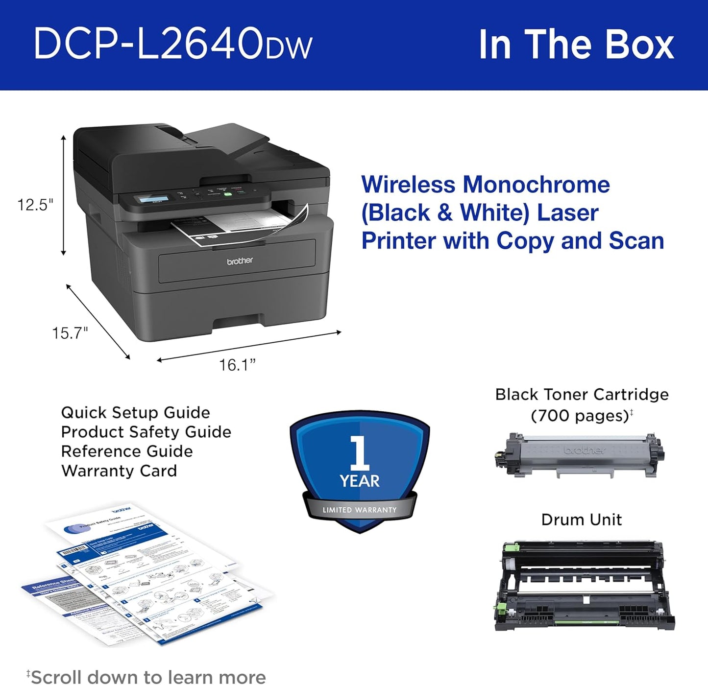 Brother DCP-L2640DW Wireless Compact Monochrome Multi-Function Laser Printer with Copy and Scan, Duplex, Black & White Output | Includes Refresh Subscription Trial(1), (Renewed Premium)