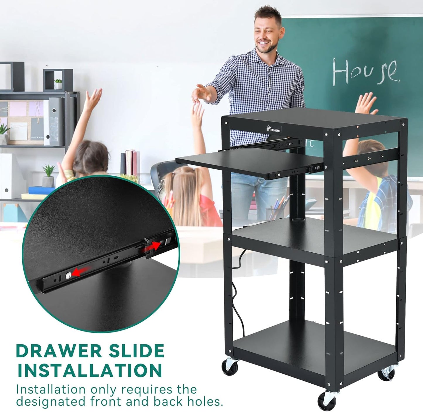 YITAHOME Large AV Cart with 16.4ft Extra-Long Cord, Metal Presentation Cart with Keyboard Tray, Rolling Media Carts with Wheels and Power, 2 Locking Brakes, Easy to Assemble, Black