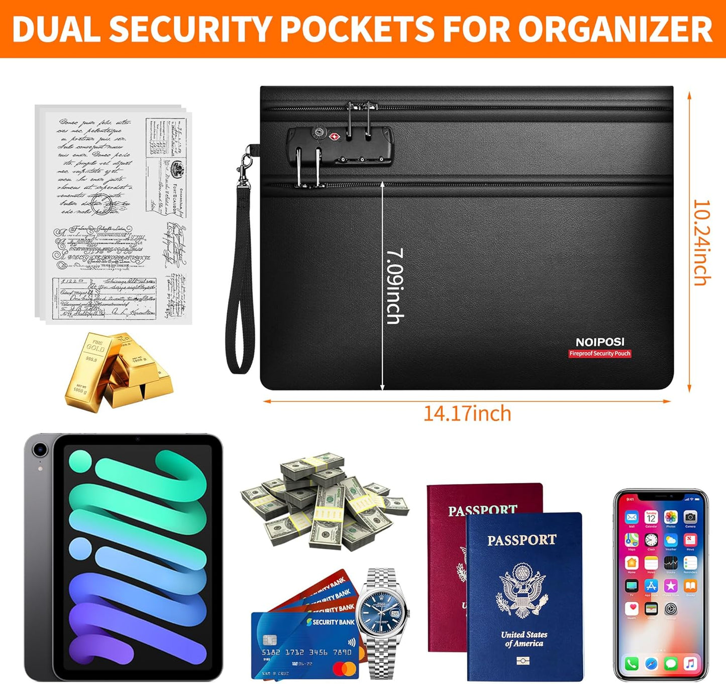 Noiposi 6400℉ Fireproof Document Bag with Lock,Dual-Zip Compartments Fireproof Money Bag for Cash and Documents,12 Layers Heat Insulated Fireproof Bag with Zipper,Protects Important Papers,Valuables