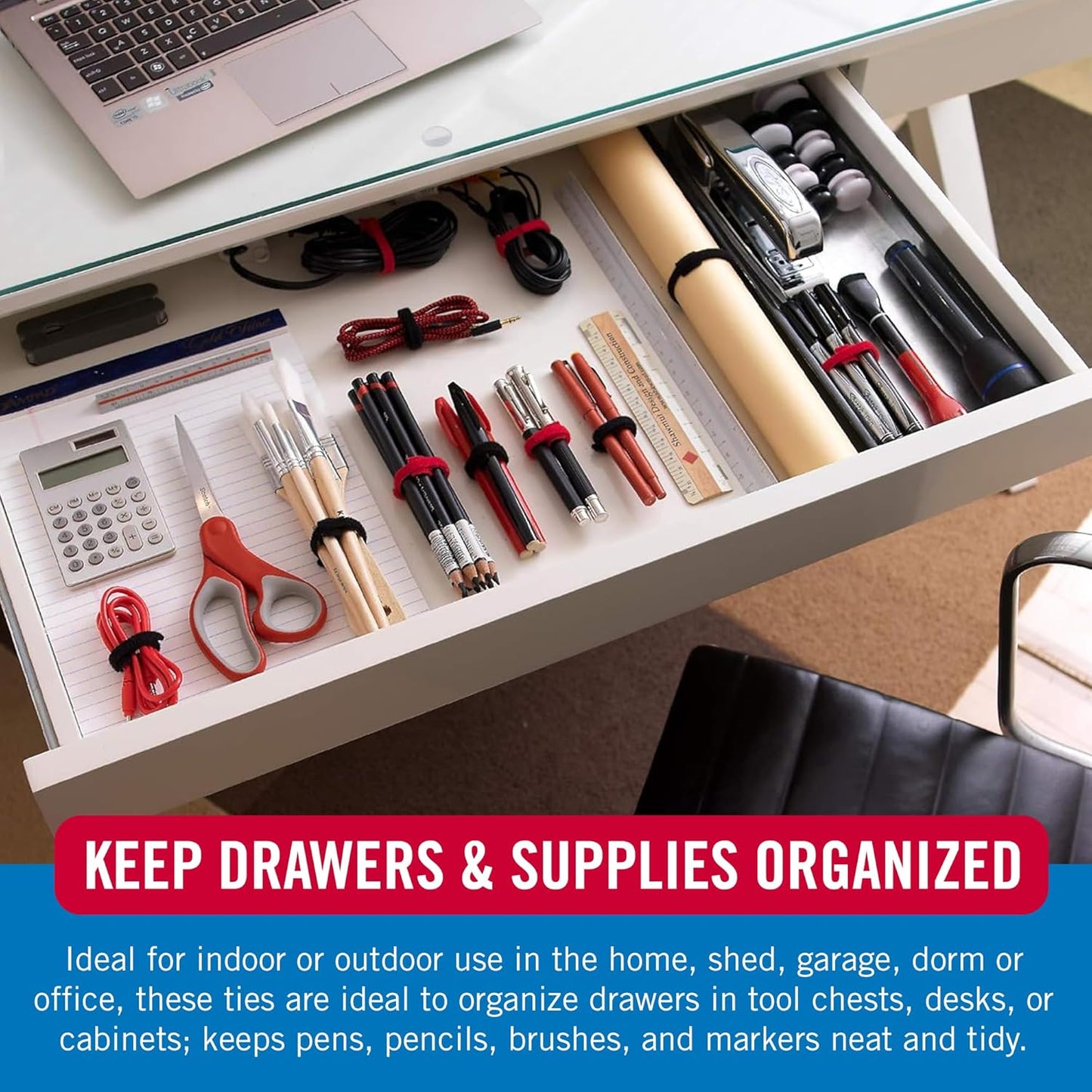 VELCRO Brand Cable Ties, 100Pk - 8 x 1/2" Red and Black, Reusable Alternative to Zip Ties, ONE-WRAP Thin Pre-Cut Cord Organization Straps, Wire Management for Office or Home, VEL-30200-AMS, Black/Red