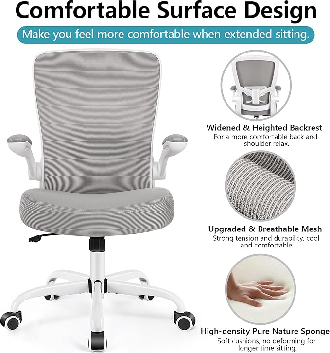 FelixKing Office Chair, Ergonomic Desk Chair Breathable Mesh Chairs with Adjustable High Back Lumbar Support Flip-up Armrests, Executive Swivel Comfy Task Computer Chairs for Home Office Gray
