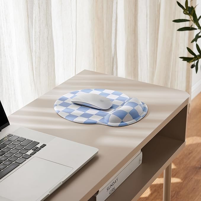 Blue Checkered Mouse Pad with Gel Wrist Rest, Wrist Support, Ergonomic Desk Accessories for Women, Office Laptop Gaming Decor, Cute Aesthetic Trendy Check Design