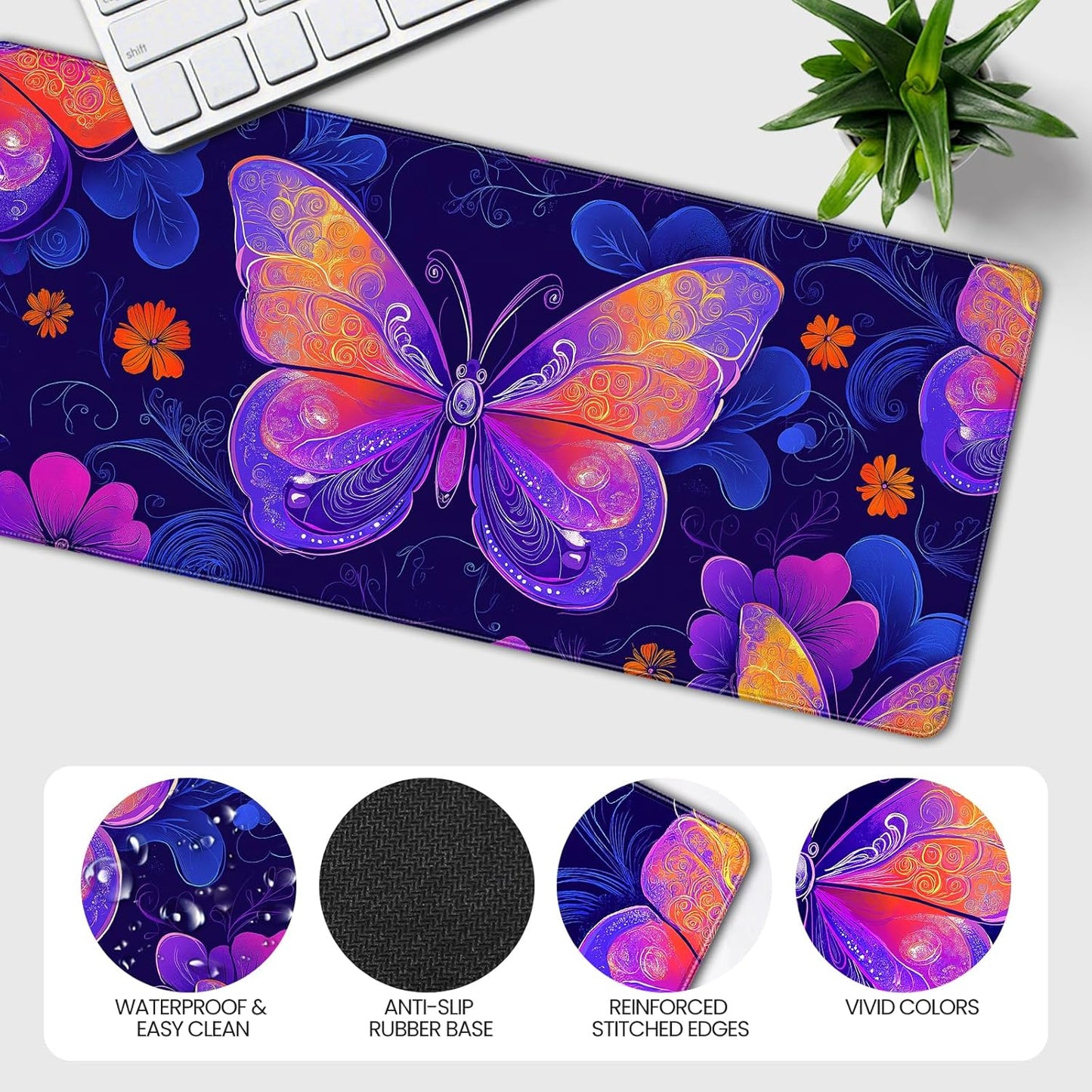 35.4 x 15.7 inches, Large Desktop Mouse pad, Keyboard and Mouse Pads for Work and Home Computers, and Large Laptop Mouse mat,Purple Butterflies