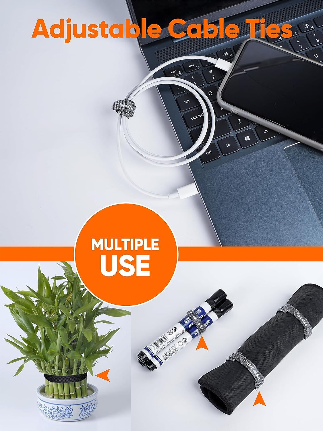 CableCreation 100PCS Fastening Cable Ties Reusable, Premium 6-Inch Adjustable Cord Ties, Nylon Cable Management Straps Hook Loop Cord Organizer Wire Ties Reusable Black