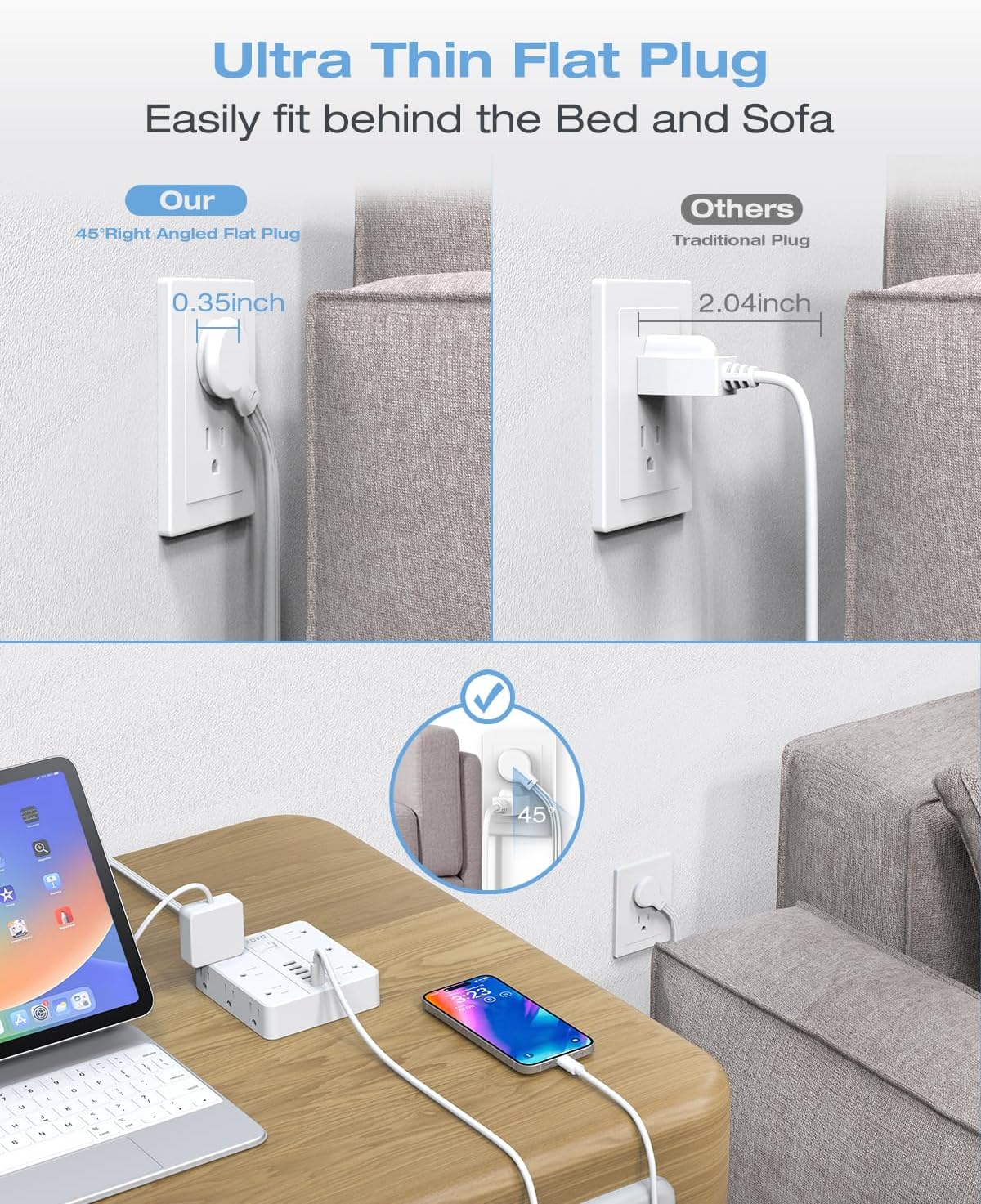 Flat Plug Power Strip, AOFO Surge Protector Flat Extension Cord with 12 AC Outlets and 6 USB(2 USB-C) Ports,Multiple Outlet Wall Plug 5FT Extension Cord for Home Office, Dorm Room Essentials