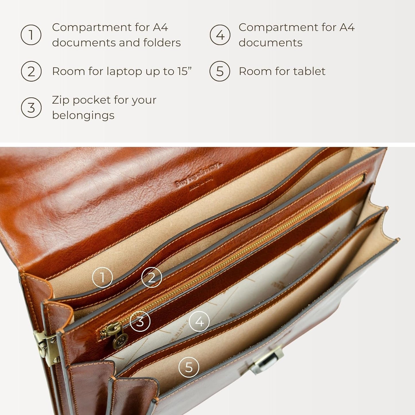 Time Resistance Leather Briefcase for Men - Business Laptop Bag - Italian Handmade Leather Bag - Attache - Gift Box Included