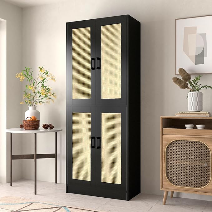 Black Rattan Kitchen Pantry, 71" Tall Storage Cabinet with Doors, Boho Hutch for Dining Room