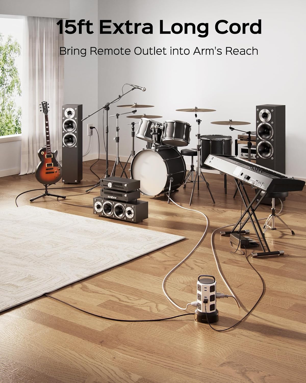 Power Strip Tower Surge Protector, JACKYLED 1625W 13A Outlet Surge Electric Tower, 12 Outlets 6 USB Ports Charging Station with 16AWG 15ft Heavy Duty Extension Cord for Home Office Dorm