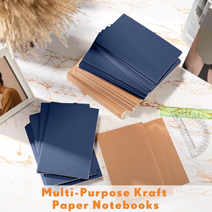 Mimorou 100 Pcs Kraft Notebook Journals 5.5 Inch x 8.3 Inch A5 Softcover Notebooks Bulk for Writing Sketch Office Notepad with 60 Pages 30 Sheets(Brown, Navy,Unlined)