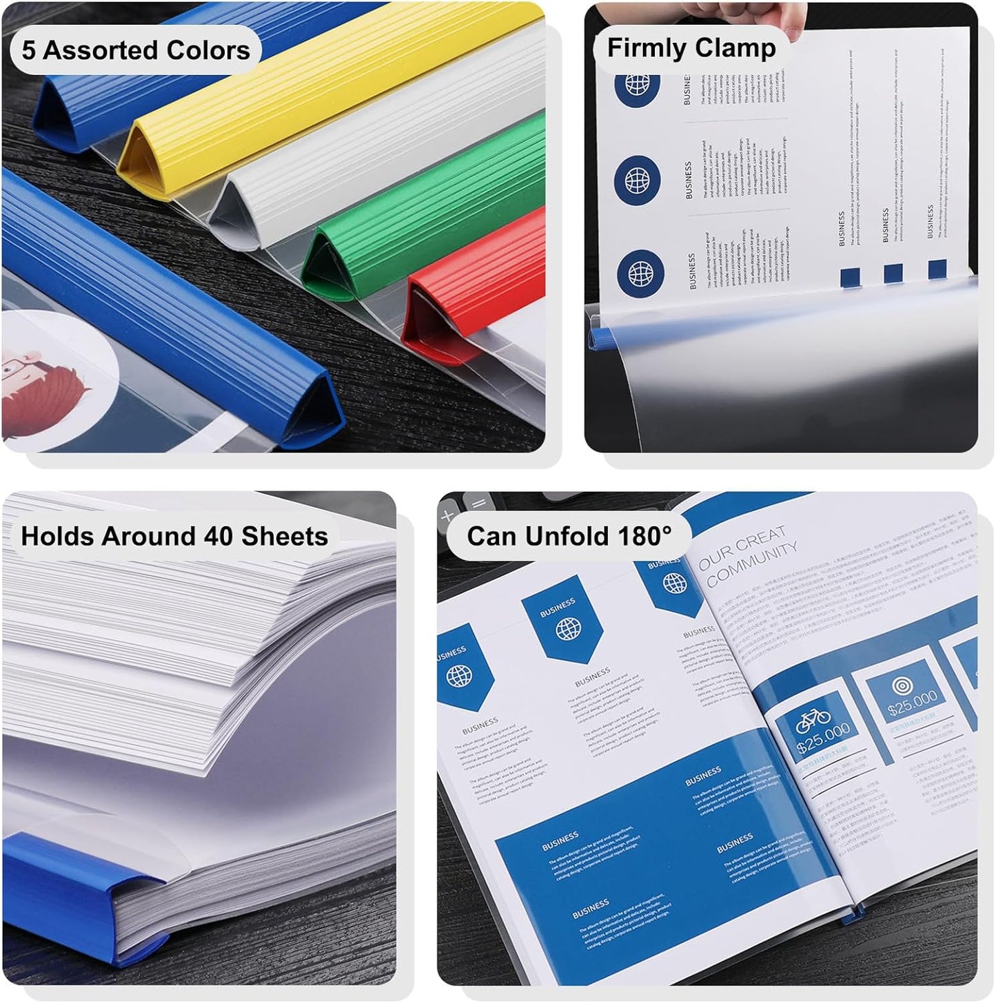 JOERSH 10Pcs Clear Report Covers with Sliding Bar, 40 Sheet Capacity Plastic Binder Paper Protector, Report Folders with Clear Cover for Resume File Documents, 5 Colors