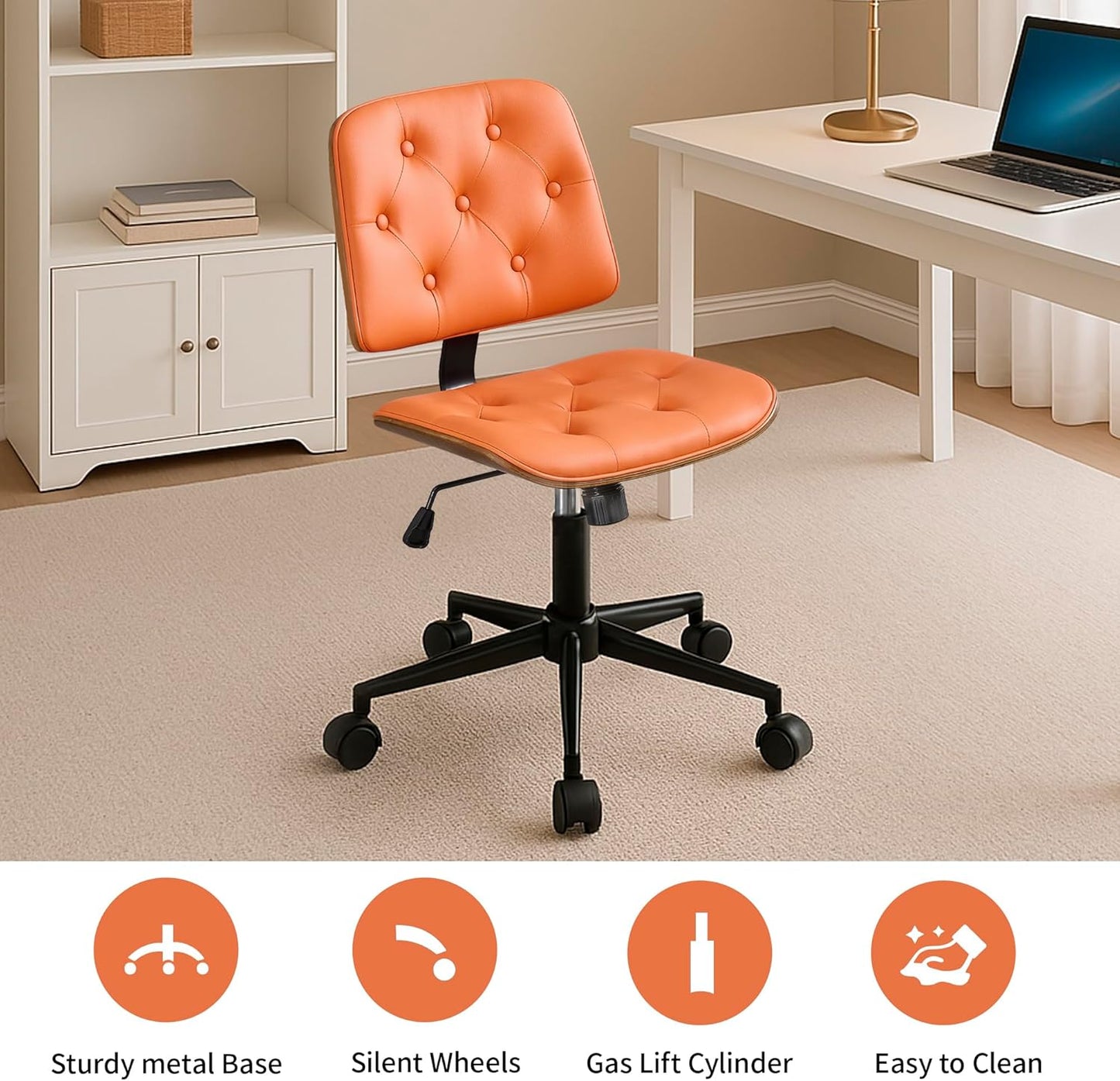 Small Armless Desk Chair – PU Leather Mid-Back Ergonomic Office Chair with Adjustable Height, Swivel Wheels, Walnut Frame, Ideal for Small Office, Study, or Bedroom, Orange