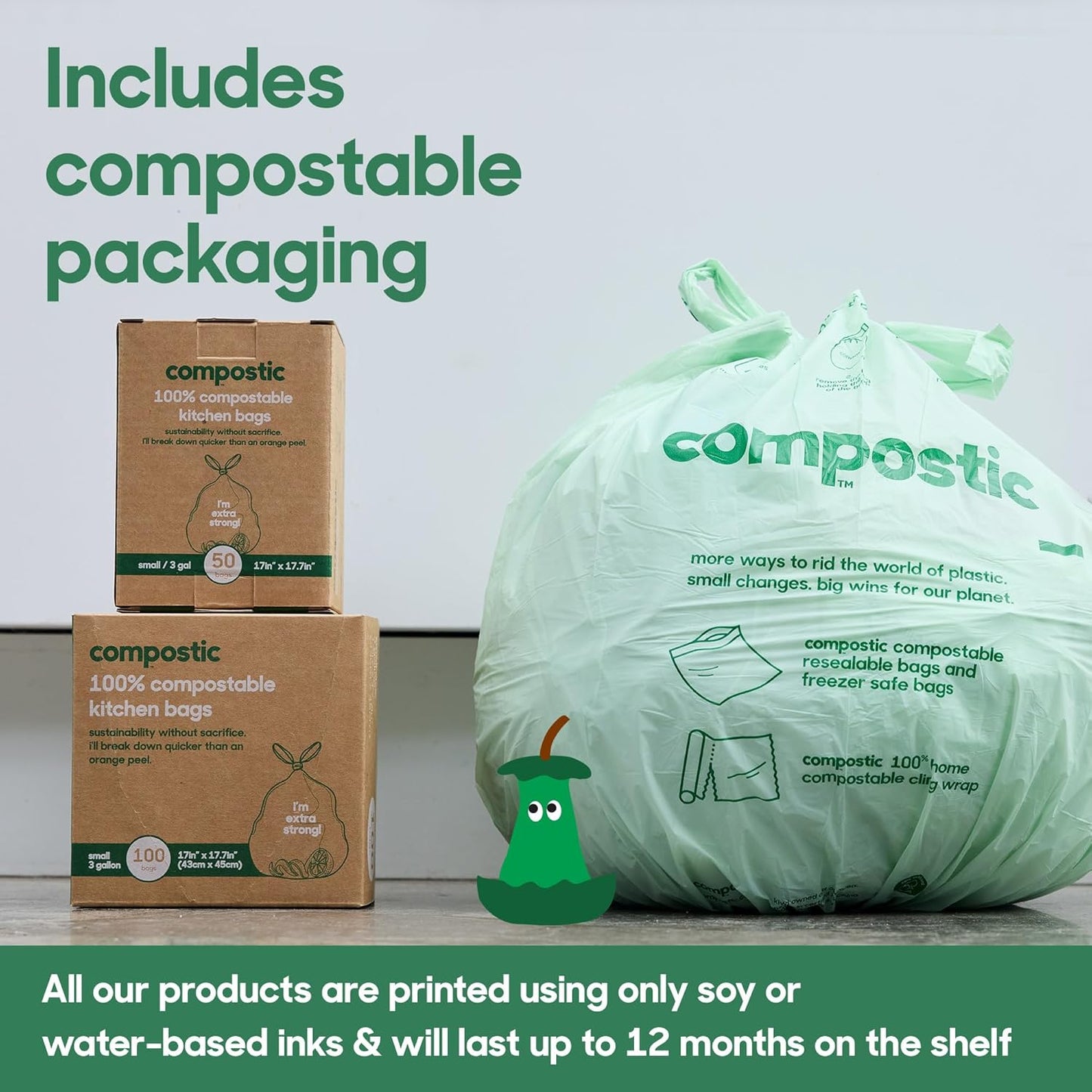 Home Compostable Trash Bags, 3 Gallon Small Kitchen Rubbish Bags (17” x 17.7”), Extra Strong & Quickly Breaks Down, 100 Count