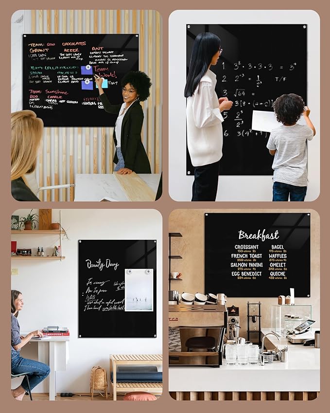 Magnetic Glass Whiteboard,60"x48" Wall Mounted Frameless Dry Erase Board for Office, Home & School Black