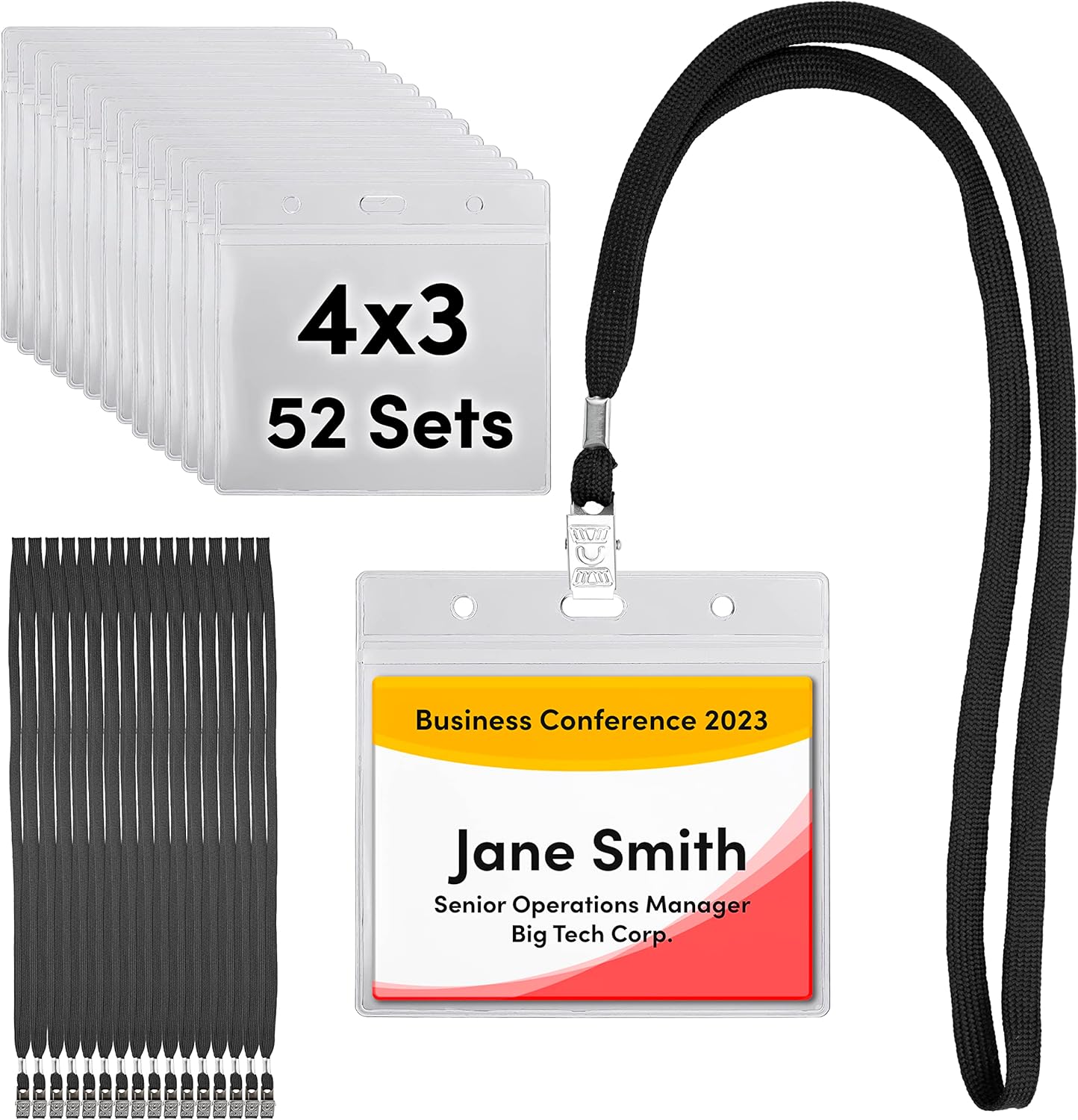 SEE-IT! 52 Sets Badge Holders with Lanyards Name Tag Holders and Lanyards 4x3 Size Quick Load No Zipper Name Tag Badge id Holders Clear Plastic (52)