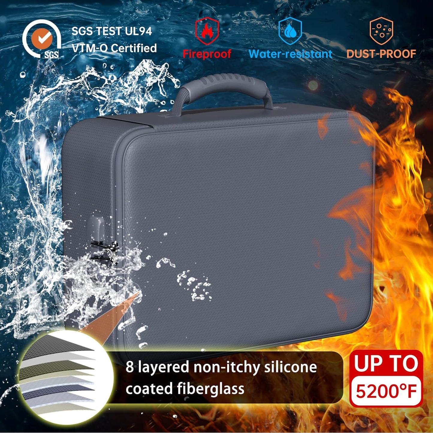DocSafe 5200°F Document Organizer with Lock,Upgraded Heat Insulated Fireproof&Waterproof Box 8 Layers File Organizer,Portable Home Travel Safe Storage for Important Documents, Files,Gray (Soft)