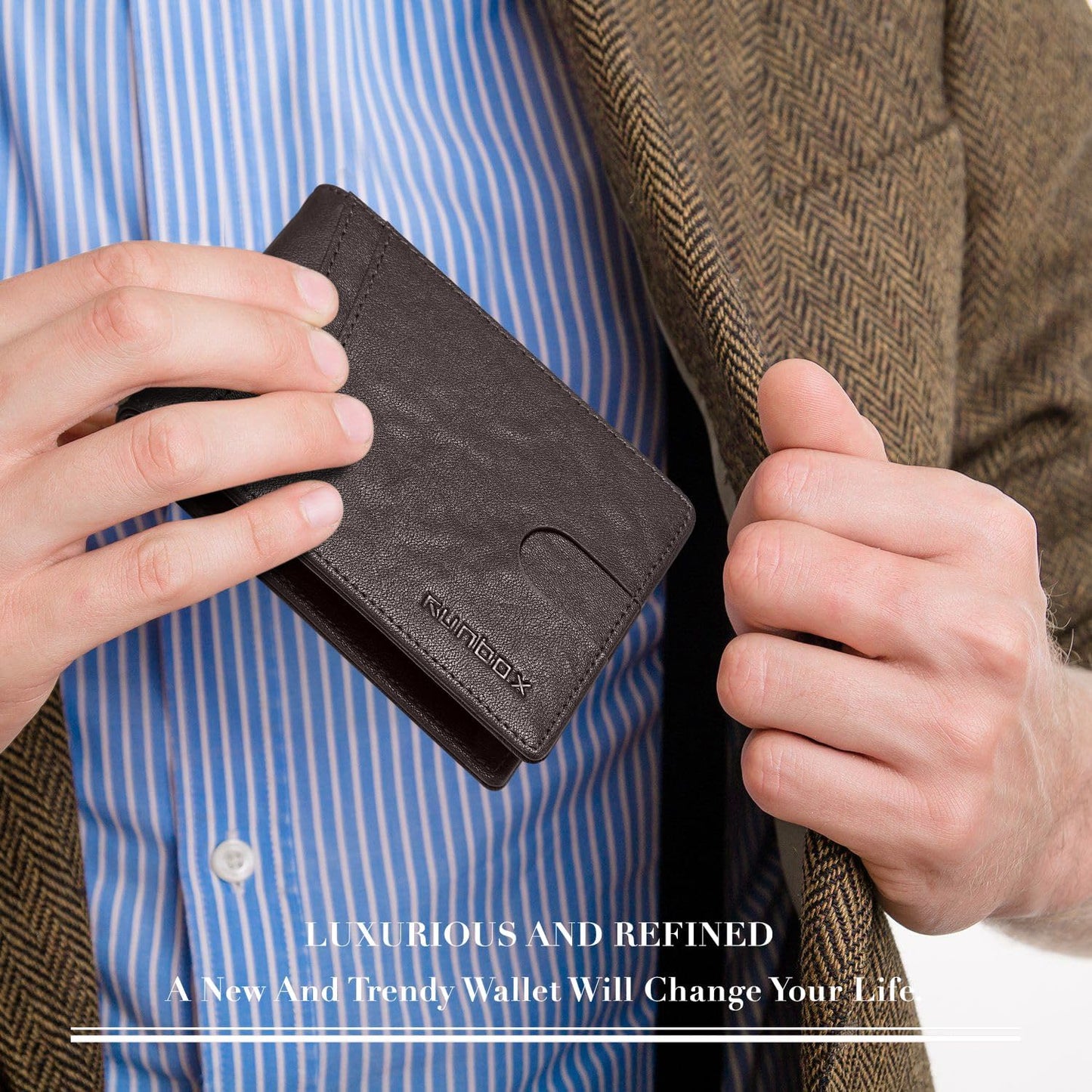 RUNBOX Wallet for Men Slim Rfid Leather 2 ID Window With Gift Box