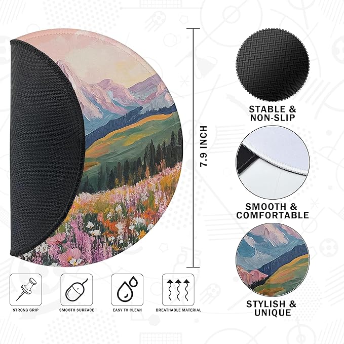 Boho Mountain Mouse Pad, Colorful Floral Watercolor Wildflower Nature Landscape Mousepad for Computer Laptop Office Desk Accessories,7.9x7.9,C069