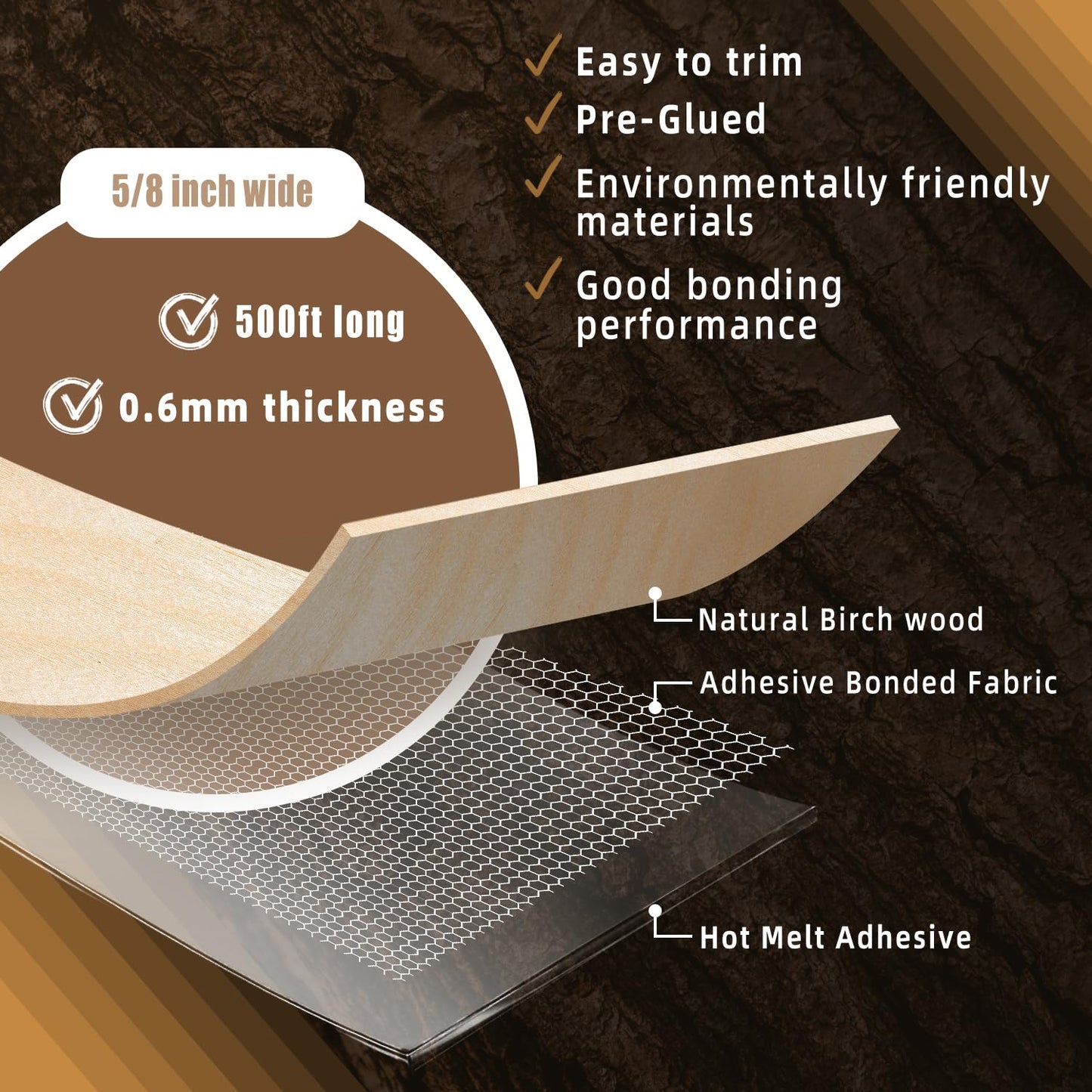 GSCIT Club Birch Edge Banding, 5/8 inch x 500ft roll of Wood Veneer Edge Banding Pre-glued Flexible, Wood Tape Banding for Cabinet Repair