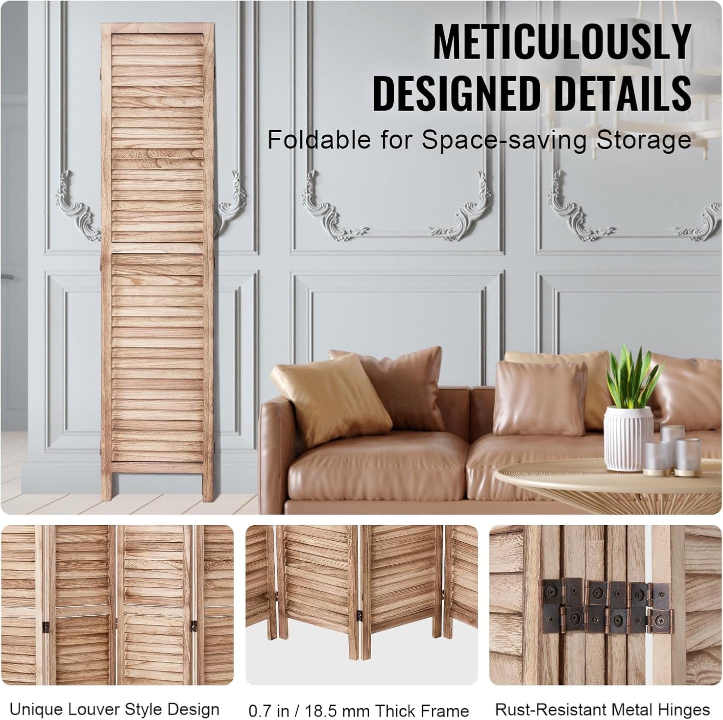 VEVOR Wood Room Divider, 6 Panel Wood Folding Privacy Screen, 66.9 Inches Tall Indoor Louvered Partition Divider, Portable Decoration Screen, for Room Separation, Home, Office, Restaurant & Bedroom