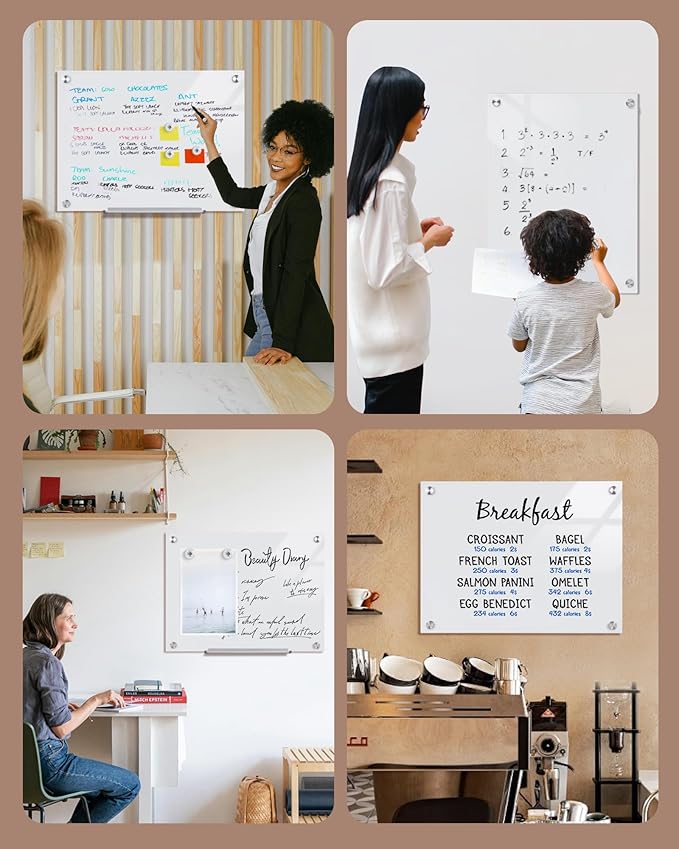 Magnetic Glass Whiteboard,24"x18" Wall Mounted Frameless Dry Erase Board for Office, Home & School Ultra White
