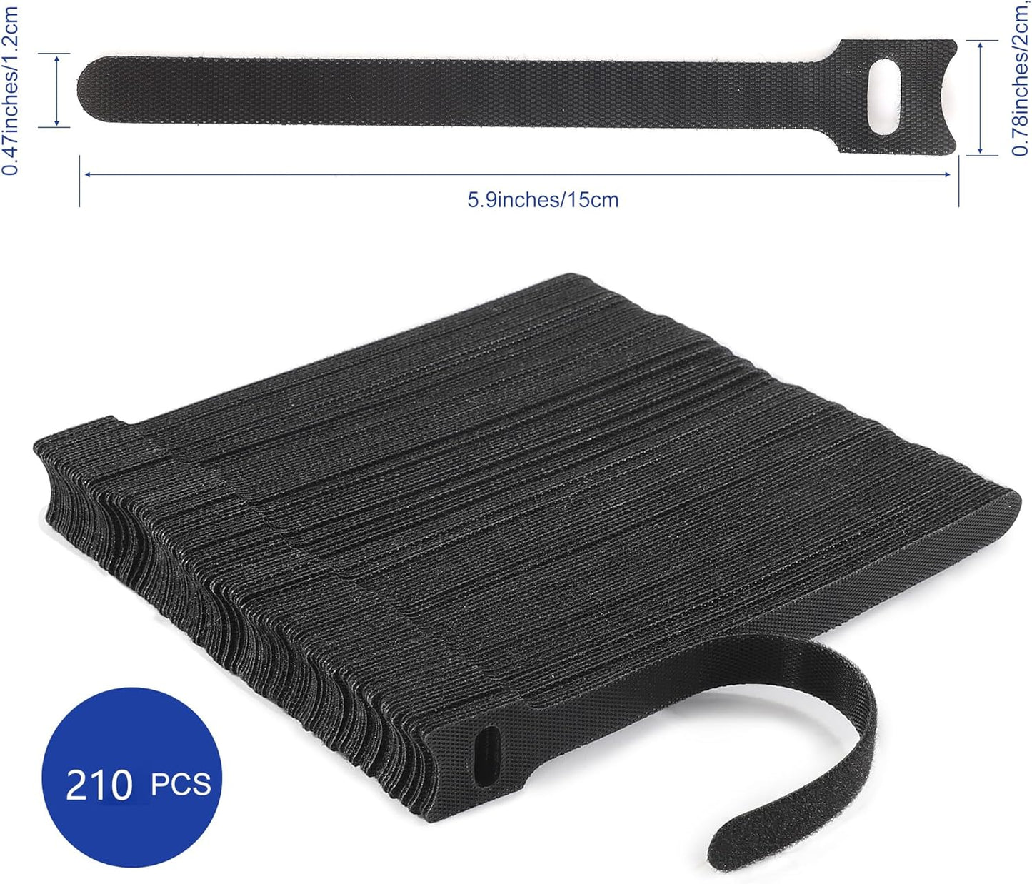 Reusable Cable Ties, 210 PCS 6 Inches Adjustable Cord Straps Wire Organizer Cord Wrap and Hook Loop Cable Management