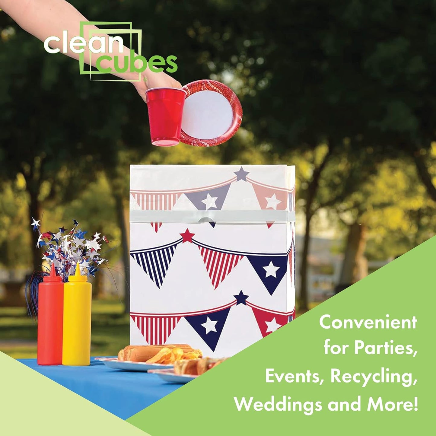 | 13 Gallon Disposable Trash Cans (3-Pack) with Fitted Trash Bags - Reusable Garbage and Recycling Bins for Parties, Events, and More (USA Flag - 17" Height x 13.5" Width x 10" Depth)