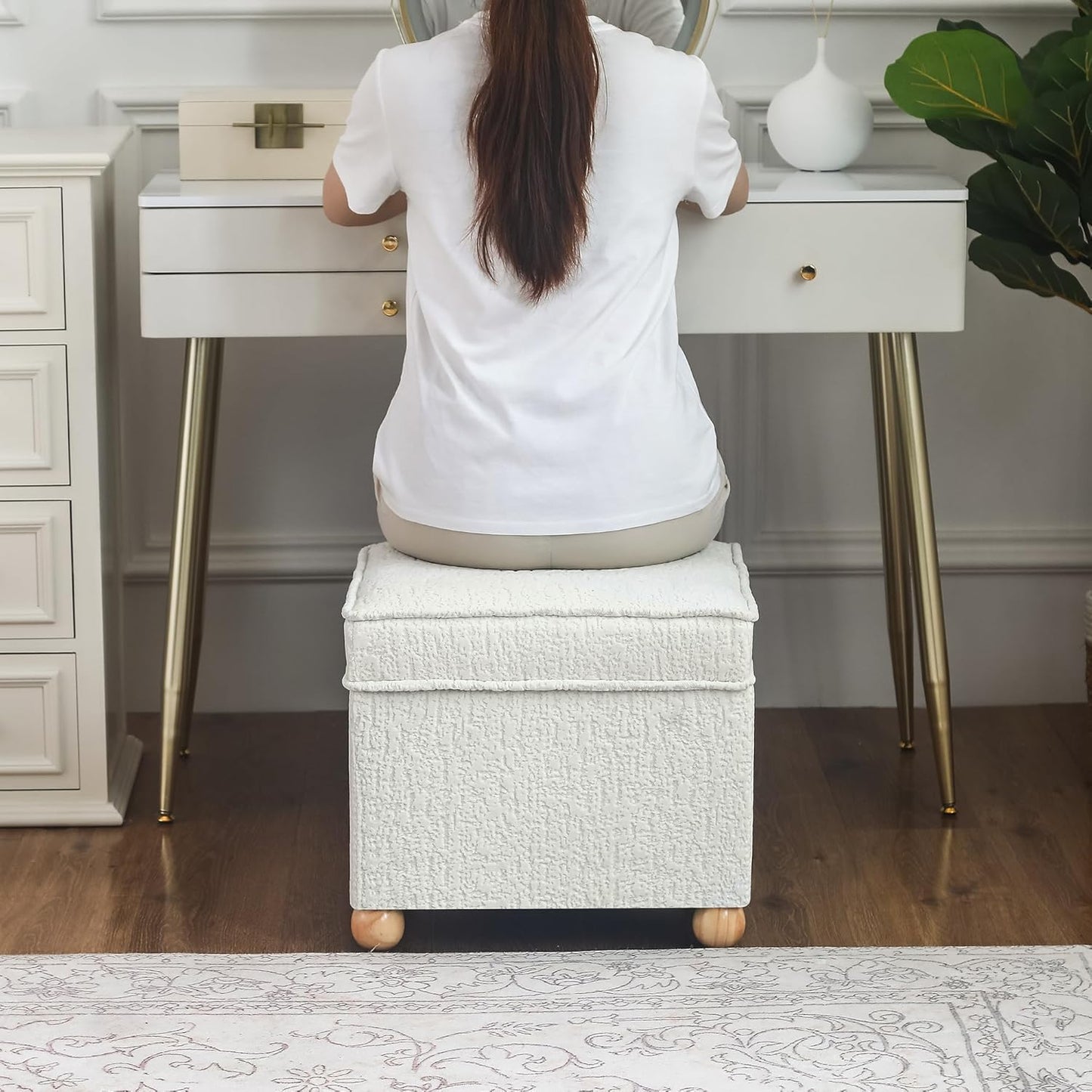 Adeco 17 Inch High Faux Fur White Cube Ottoman Storage, 3D Embossed Velvet Chair Foot Stools, Upholstered Vanity Stool with Hinged Lid, Solid Round Wood Legs