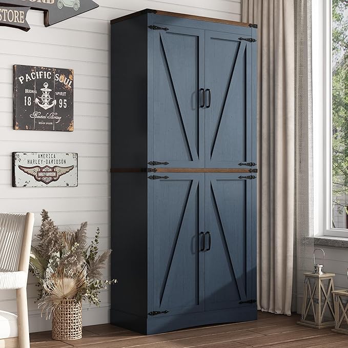 71in Farmhouse Kitchen Pantry Cabinet,Tall Storage Cabinet with 4 Doors and Adjustable shelves,with Load-Bearing Steel Pipe,Wood Storage Cabinets for Kitchen,Dining Room,Bathroom(Rustic Blue)
