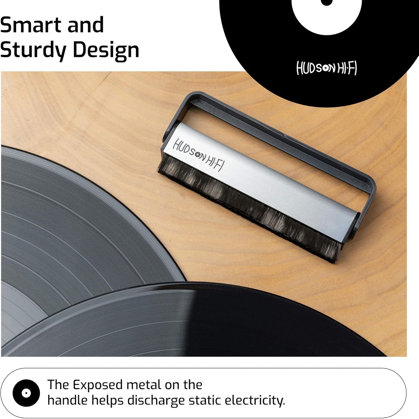 Hudson Hi-Fi Vinyl Record Brush w/Anti-Static Carbon Fiber Bristles - Precision-Made, Gentle & Effective Record Cleaning Brush for LPs