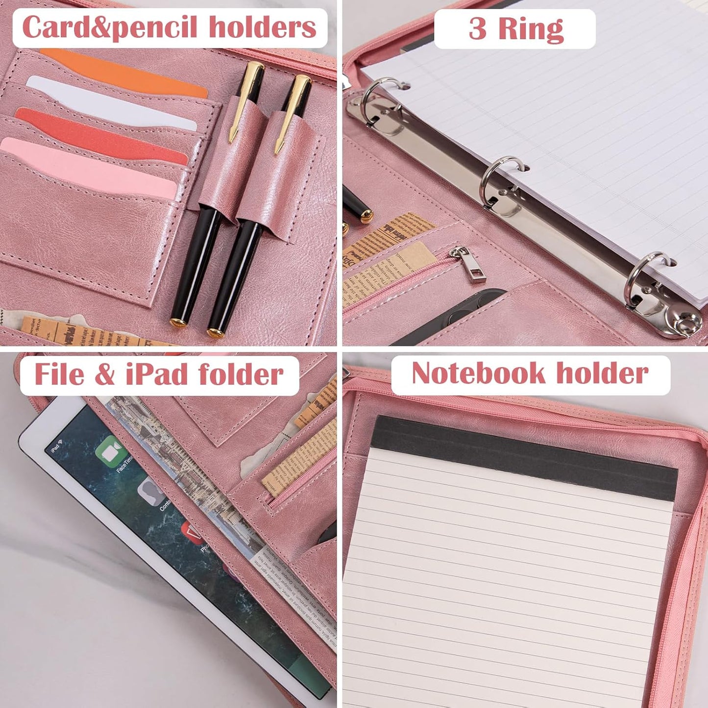 Calfinder Portfolio Binder,3 Ring Binder with Zipper,PU Leather Padfolio with Zipper for Women, Professional Business Portfolio Organizer for Resume/Interview, A4 Letter Document Organizer