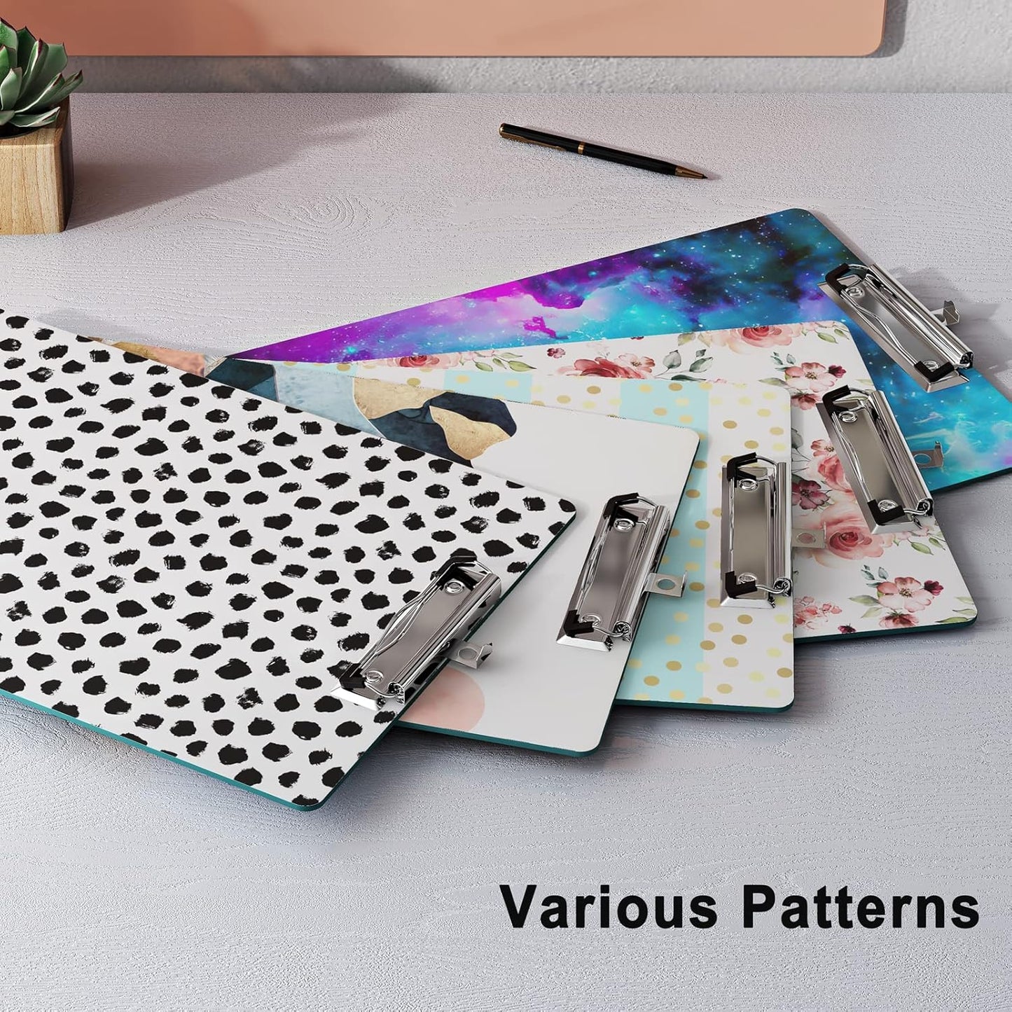 Cute Clipboard Wood Design Decorative A4 Letter Size Clip Boards for Classroom Office, Standard Size 9" x 12.5" with Low Profile Metal Clip - Black Dots