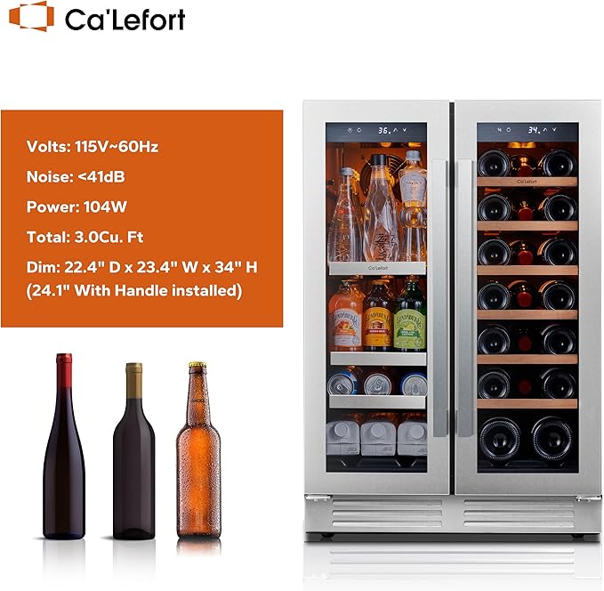 Ca'Lefort 24 Inch Wine and Beverage Refrigerator - 60 Can and 20 Bottle Wine Fridge Dual Zone 36-72°F, 3 LED Beverage Cooler Built in or Freestanding, Perfect for Home/Kitchen(4.10 cu.ft)