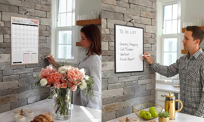 Small Whiteboard 12 x 16 Inch Magnetic Dry Erase Board with Handle | Gold Aluminum Frame | Double-Sided Planner Board with Weekly & Monthly Sheets | 3 Markers, Eraser & 2 Magnets