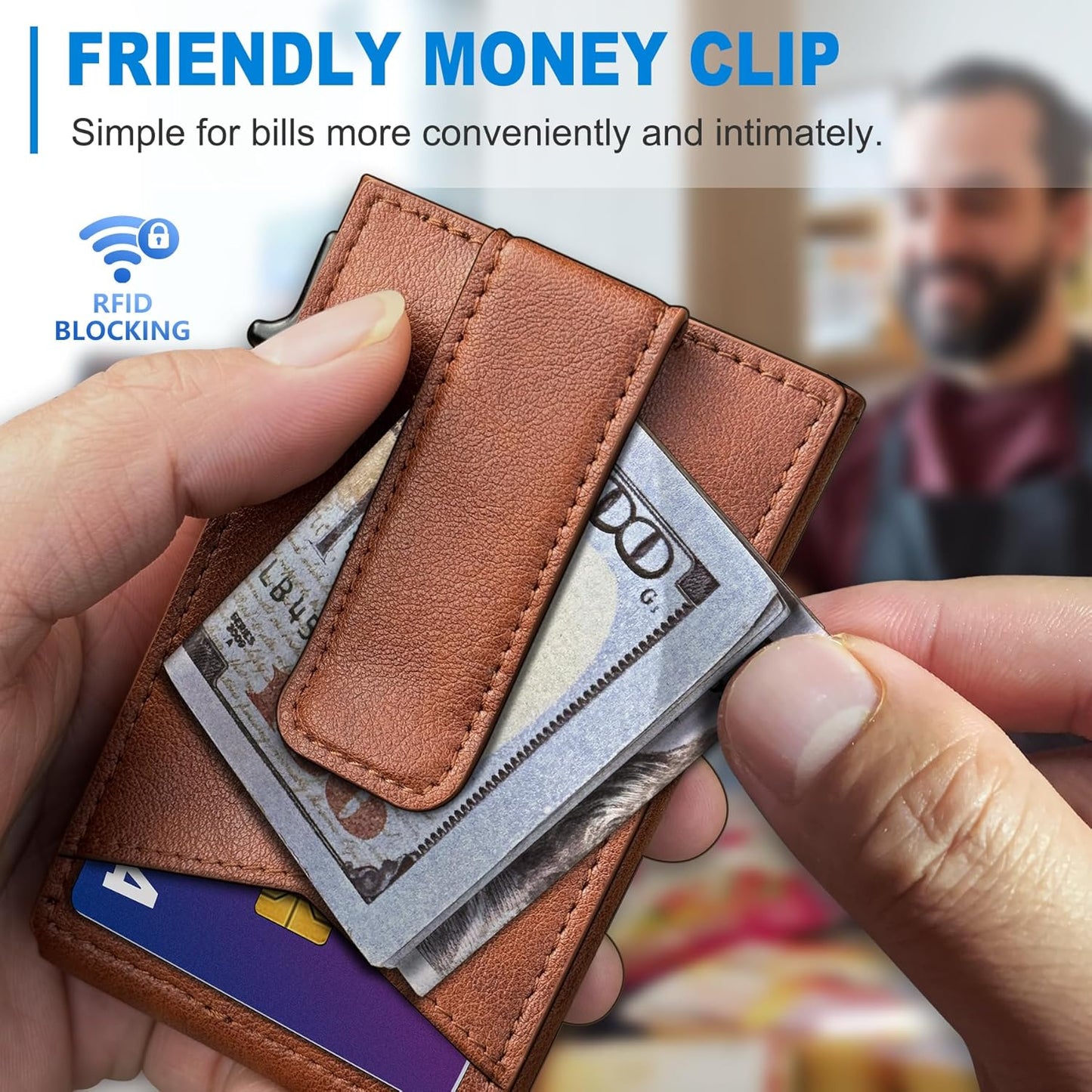 Airtag Wallet for Men,with Money Clip Gift Boxed,Slim Front Pocket Wallet RFID Blocking Metal Case Smart Pop-up Credit Card Holder in Magnetic Leather Flip