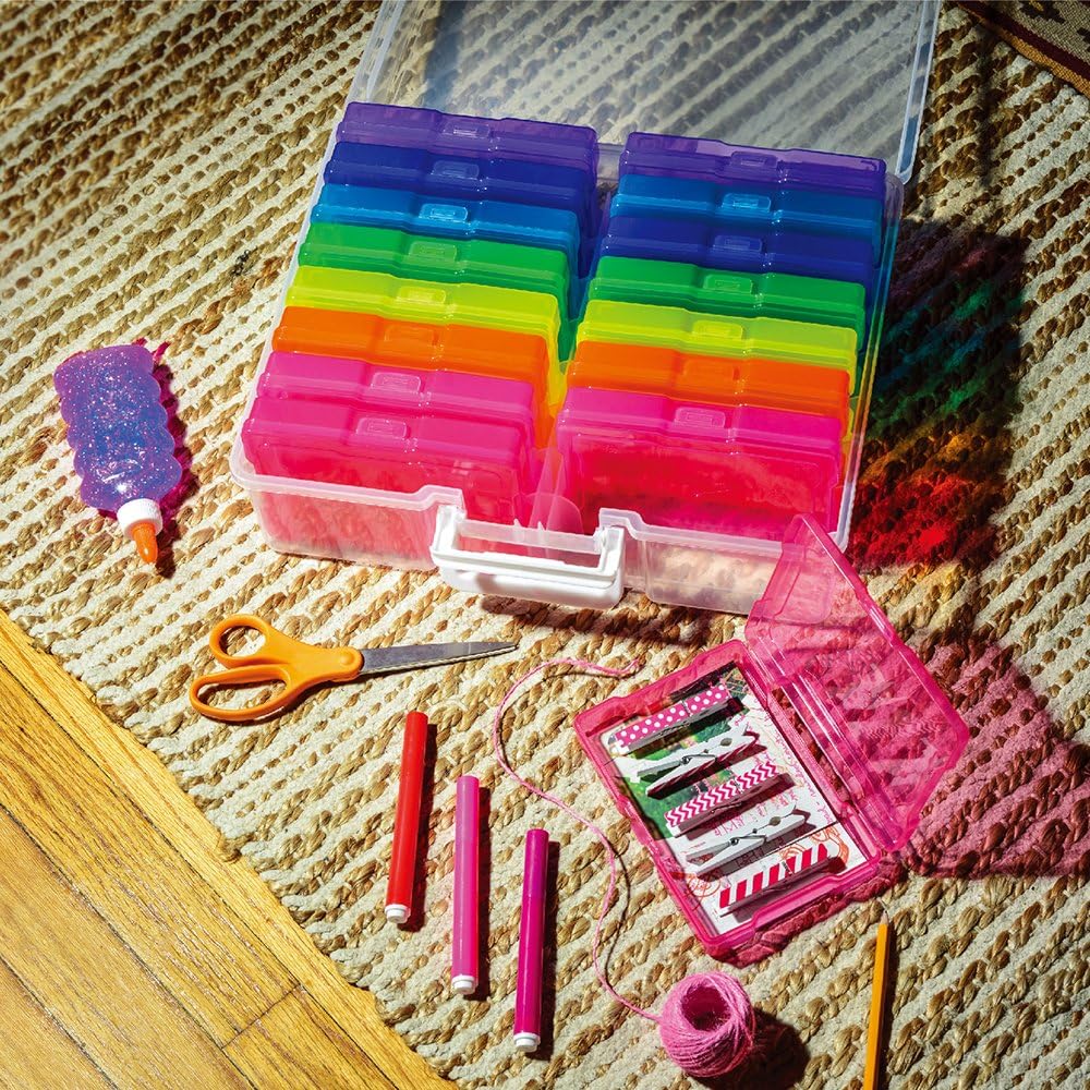 novelinks Transparent 4" x 6" Photo Cases and Clear Craft Keeper with Handle - 16 Inner Cases Plastic Storage Container Box (Multi-colored)