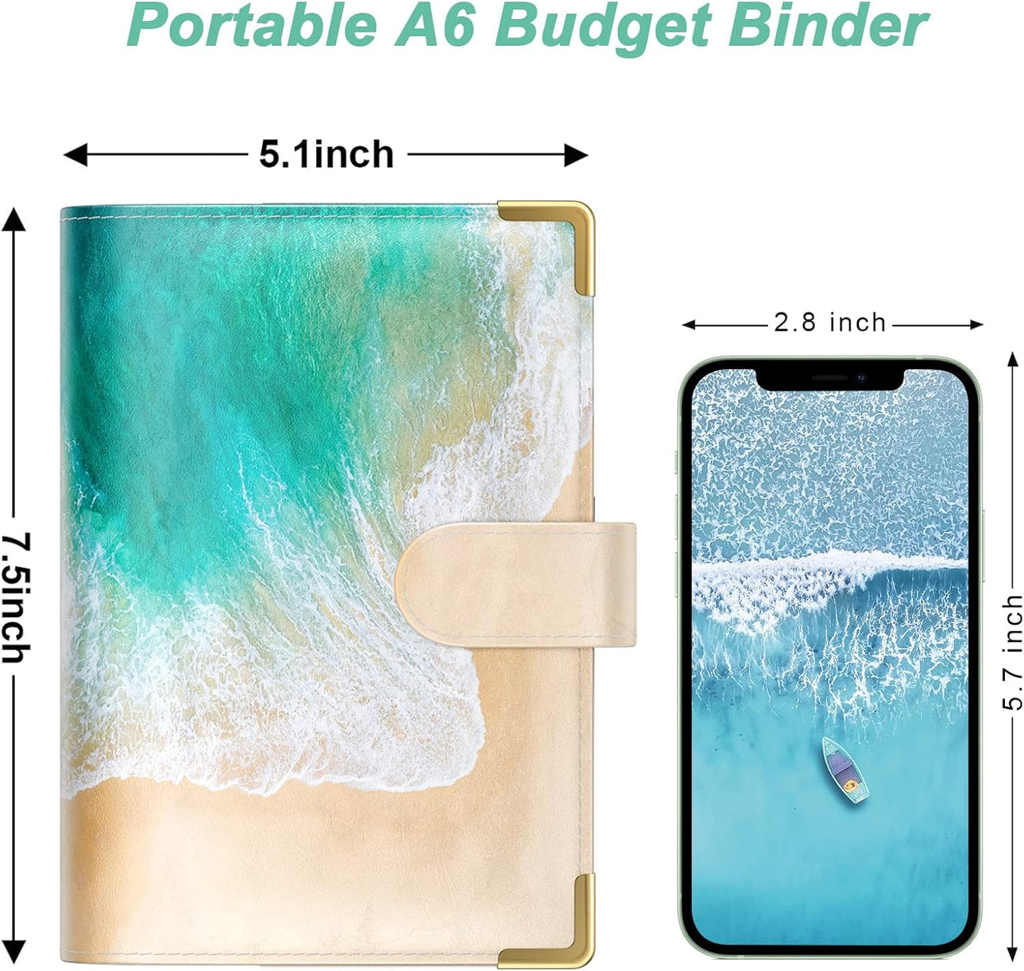 Rnivvi Budget Binder with Zipper Envelopes, A6 Money Saving Binder Cash Envelopes for Budgeting, PU Leather Planner Money Organizer for Cash Stuffing Planning, Cute System Wallet for Women Men, Beach