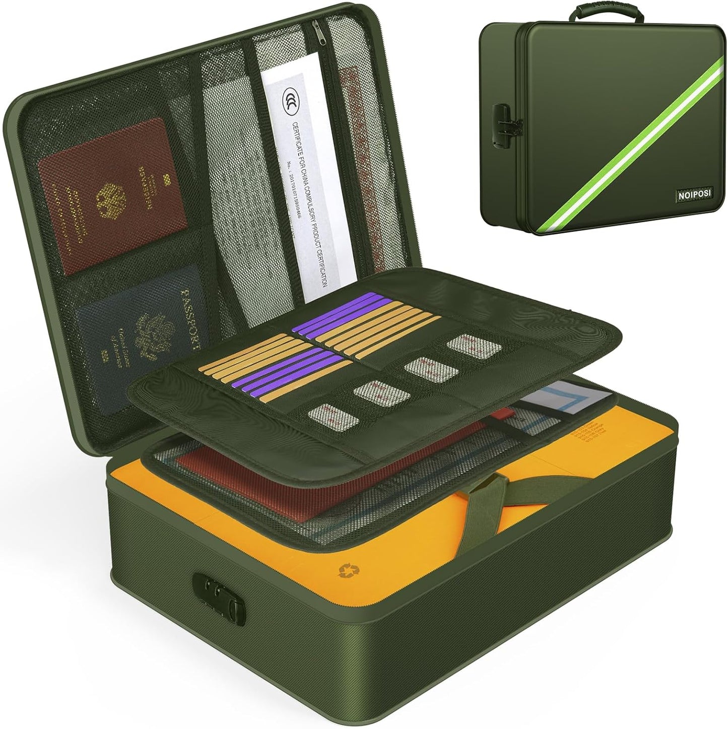 Document Organizer with 5200℉ Heat Insulated, 16.1"x11.4"x4.3" Waterproof and Fireproof Document Box with Lock, Home Strong Fireproof Safe Storage Box for Legal Size Documents and File,Green